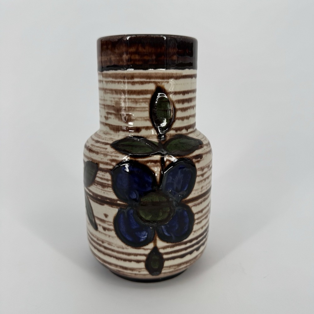 Mid Century Modern Vase Austria Blue Floral Terracotta Glaze Vintage Bohemian‎